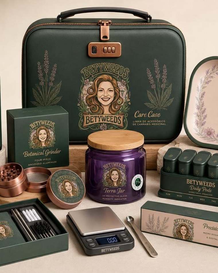 A linha Betyweeds: maleta Care Case, vaporizador, moedor, pote Terra Jar, bandeja, organizador semanal e balança de precisão